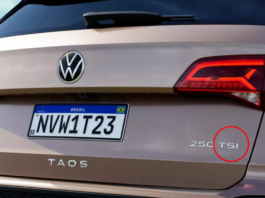 Traseira Volkswagen Taos com marcação no emblema TSI; para matéria sobre motores